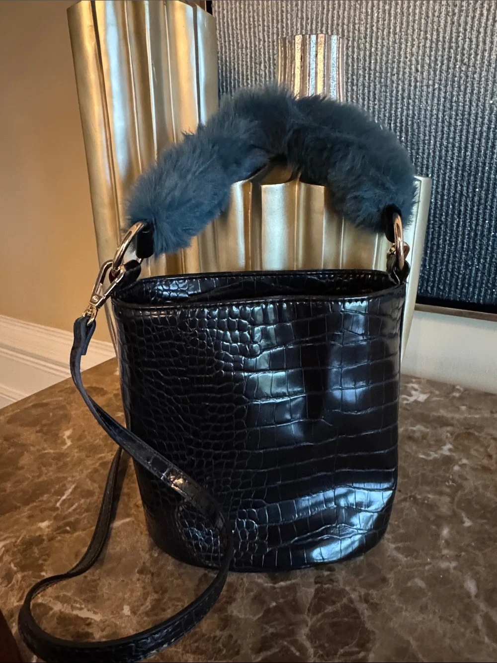 Black Croc-Embossed Bucket Bag with Gray Fur Handle Anthropologie